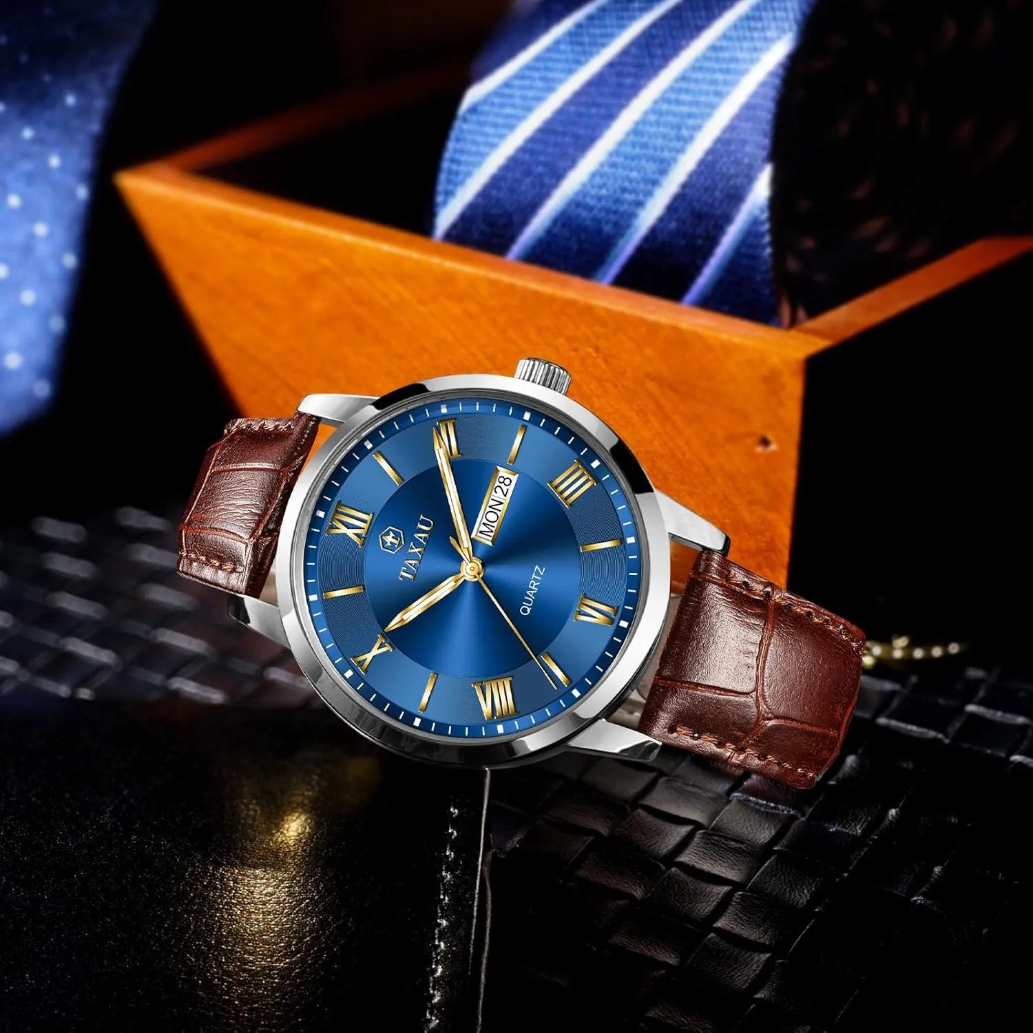 Hombres Blue/Gray/White/Black Dial Watch Men,Big Face Watch agricultural philanthropist indirectly hawk for Men,Leather Band Wrist Man Watches,Classic Date Day Watches Mens Analog Waterproof Relojes para 