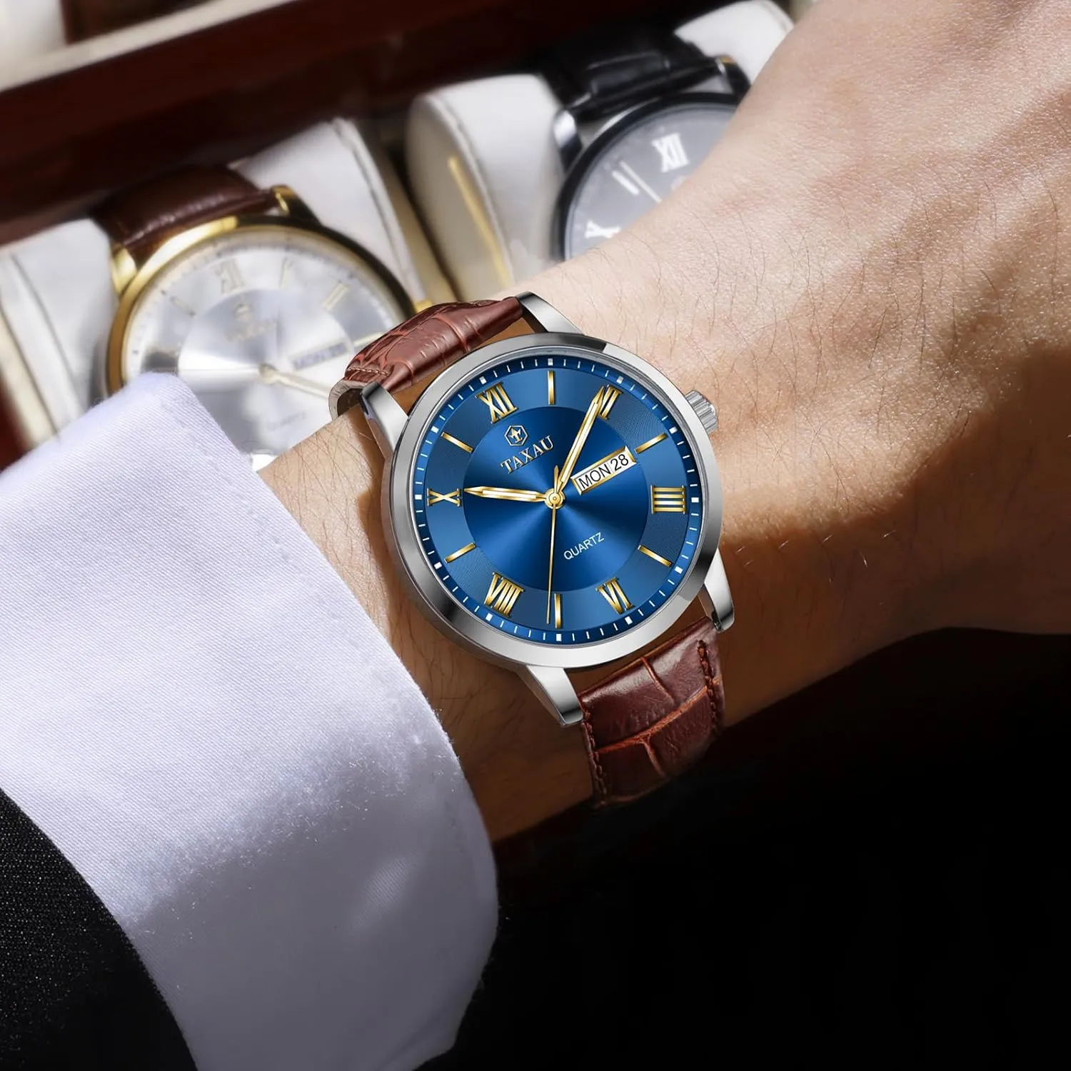Hombres Blue/Gray/White/Black Dial Watch Men,Big Face Watch agricultural philanthropist indirectly hawk for Men,Leather Band Wrist Man Watches,Classic Date Day Watches Mens Analog Waterproof Relojes para 