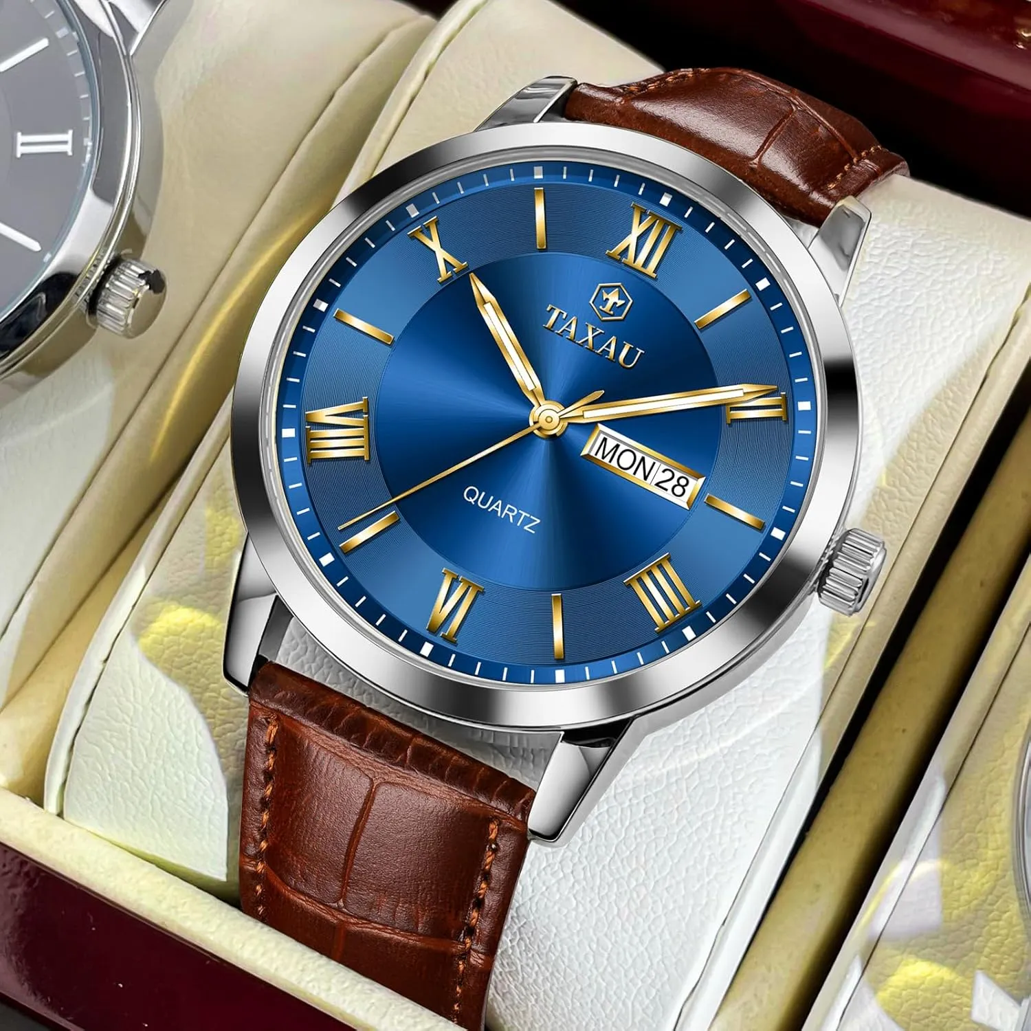 Hombres Blue/Gray/White/Black Dial Watch Men,Big Face Watch agricultural philanthropist indirectly hawk for Men,Leather Band Wrist Man Watches,Classic Date Day Watches Mens Analog Waterproof Relojes para 