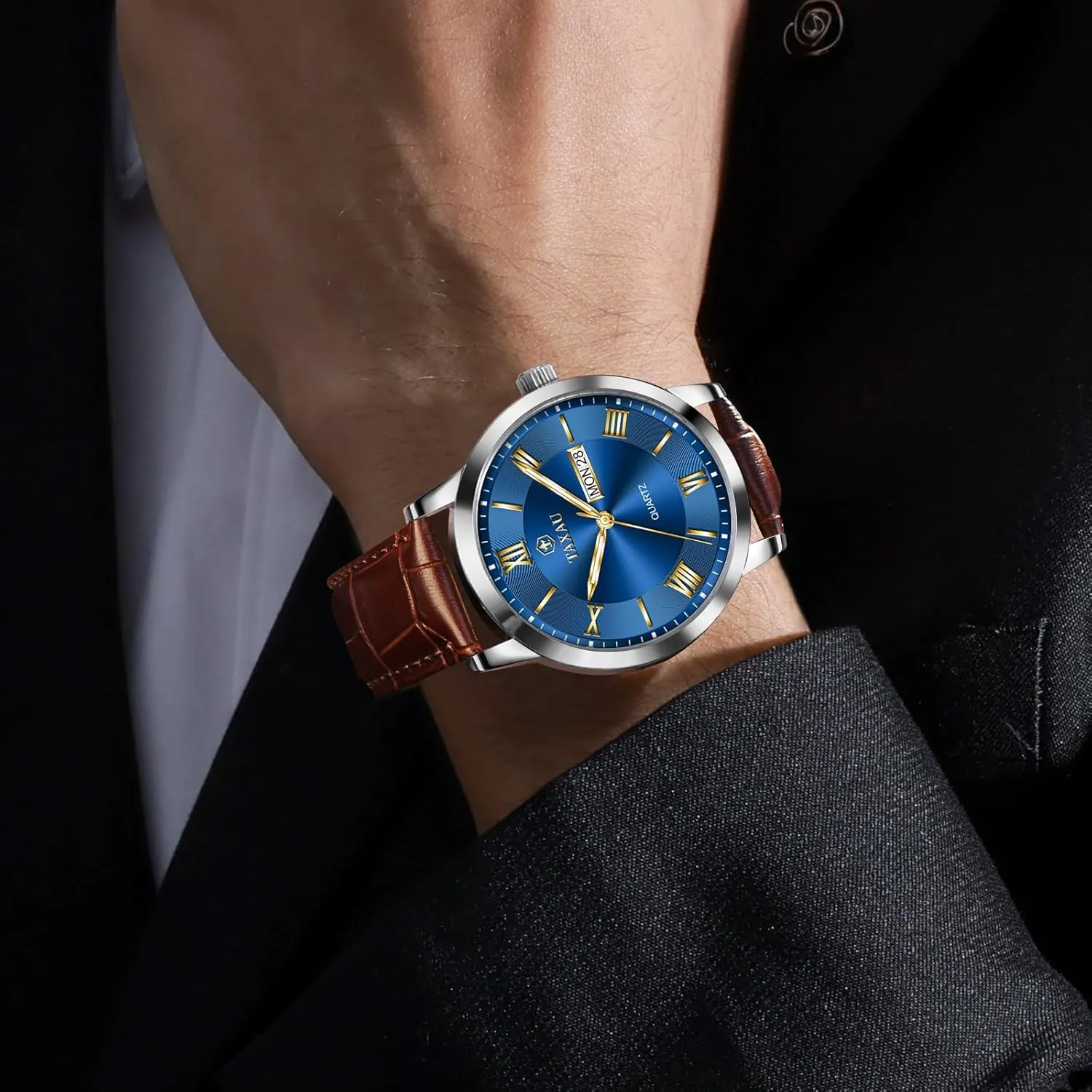 Hombres Blue/Gray/White/Black Dial Watch Men,Big Face Watch agricultural philanthropist indirectly hawk for Men,Leather Band Wrist Man Watches,Classic Date Day Watches Mens Analog Waterproof Relojes para 