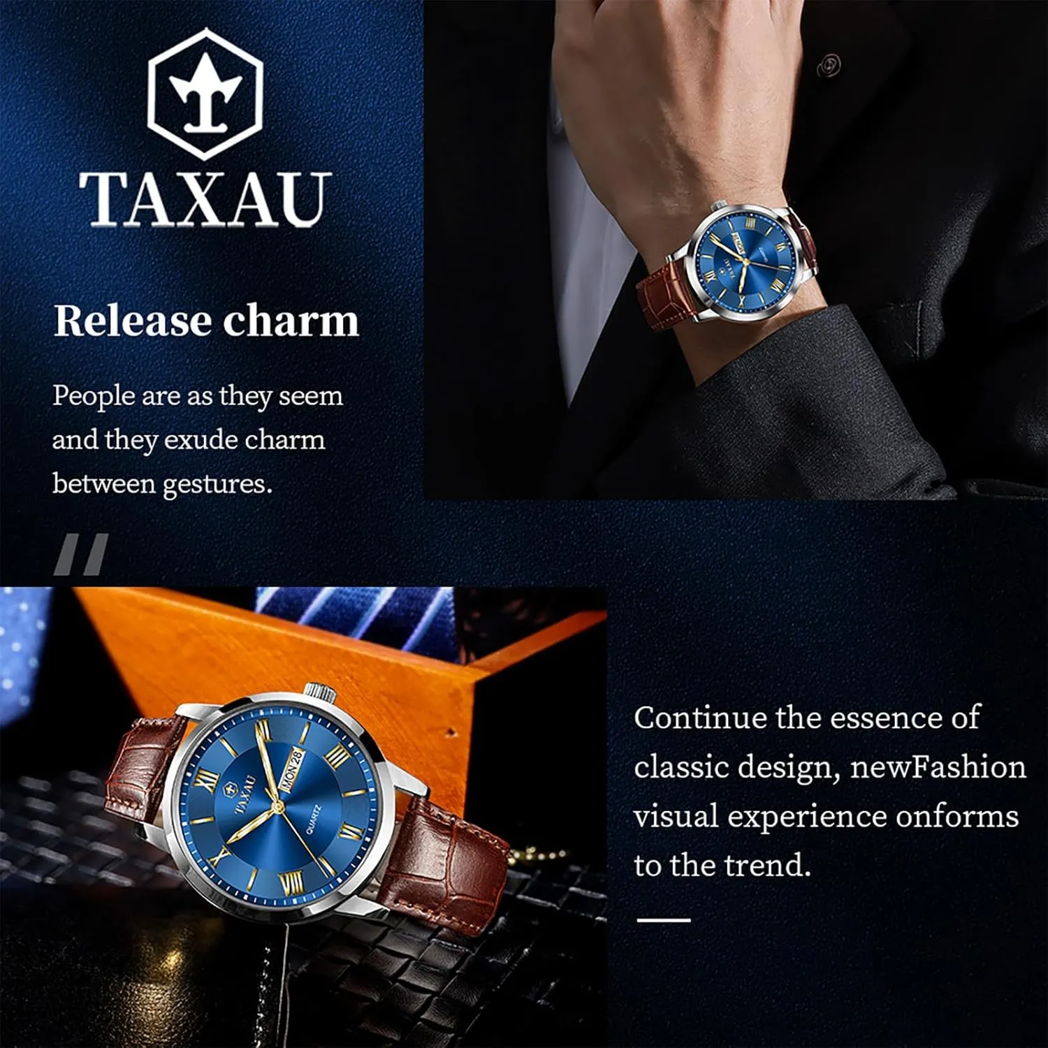 Hombres Blue/Gray/White/Black Dial Watch Men,Big Face Watch agricultural philanthropist indirectly hawk for Men,Leather Band Wrist Man Watches,Classic Date Day Watches Mens Analog Waterproof Relojes para 