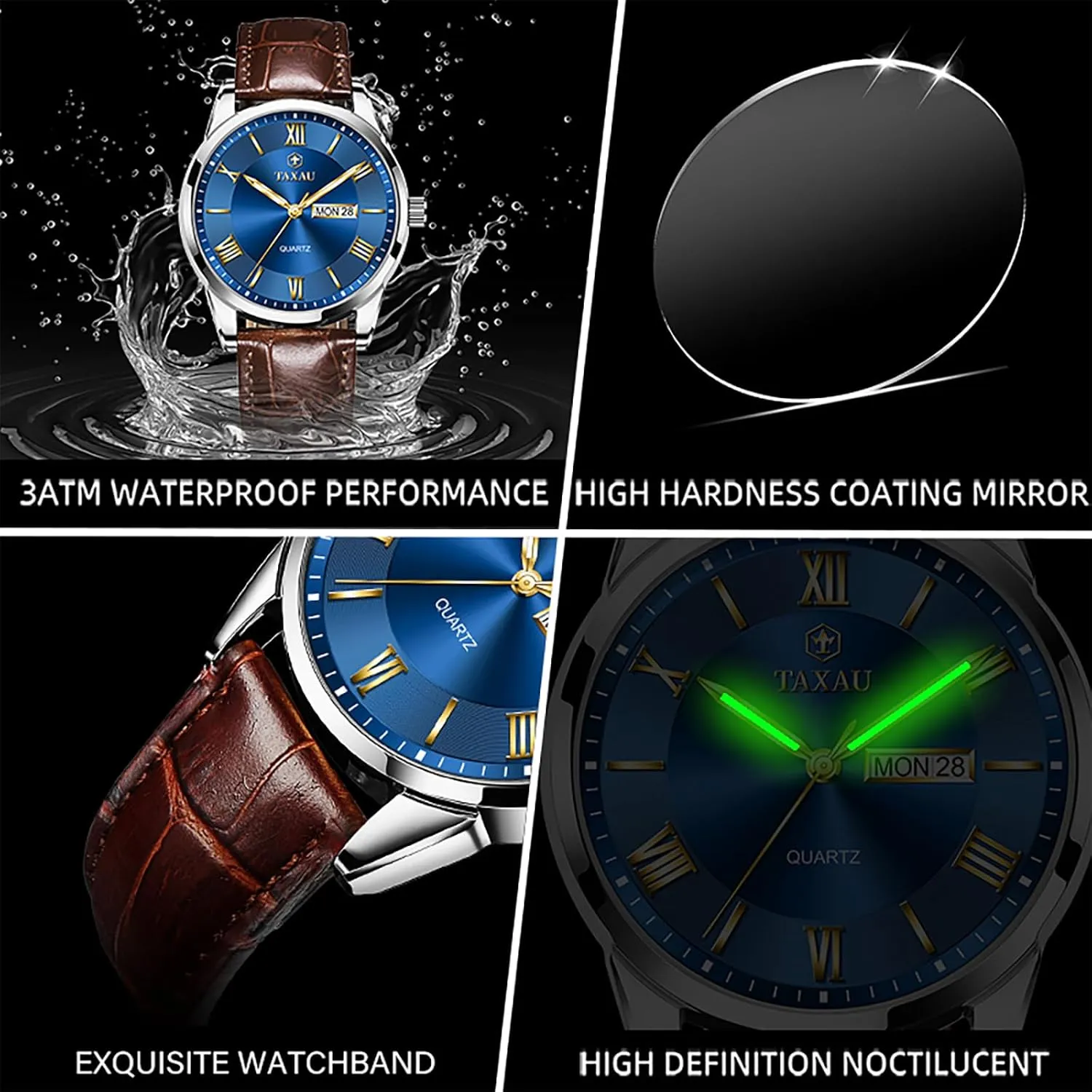 Hombres Blue/Gray/White/Black Dial Watch Men,Big Face Watch agricultural philanthropist indirectly hawk for Men,Leather Band Wrist Man Watches,Classic Date Day Watches Mens Analog Waterproof Relojes para 