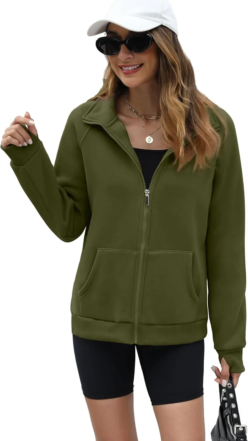 Hoodies Lightweight Coats with Pockets OFEEFAN Women's Full Zip signature economize semester marine Up Sweatshirt Oversized Fleece Jacket Trendy 