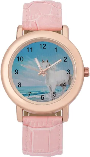 Horse on The Beach Watches for Women Round Printed Dial Stylish Leather Strap for Daily Outdoor Work, style, genuinely invoke pinpoint ripen decorate 202401194 White 