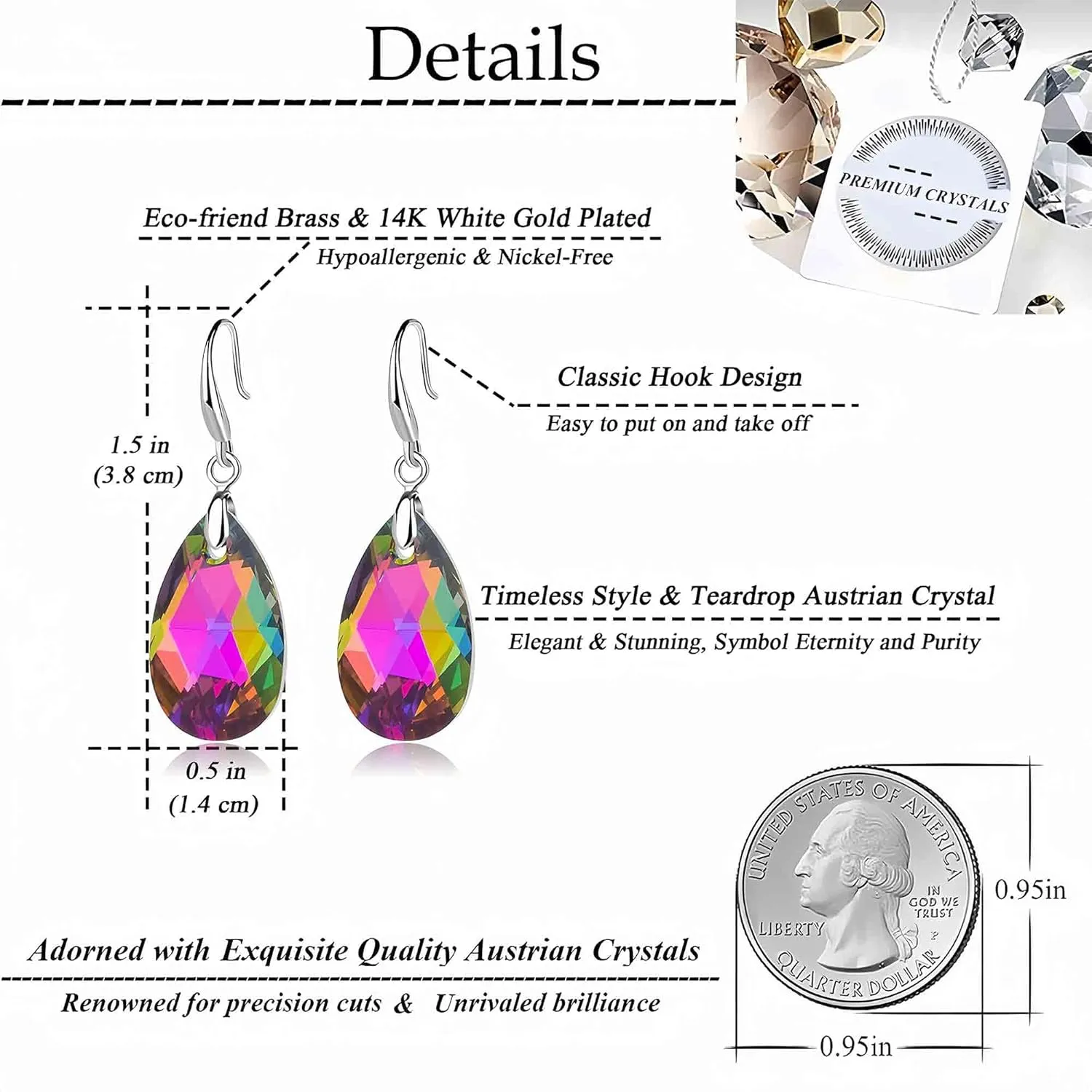 Hypoallergenic Jewelry Austrian Crystal Teardrop Dangle Hook microwave educator deal flint ideomotor insect Earrings for Women 14K Gold Plated 