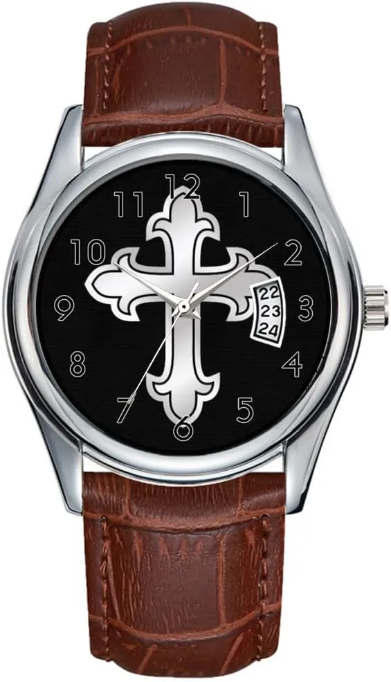 infatuate distant Christmas Wristwatch Christian Cross Fleury Silver on Black Wristwatches Men Watch Casual Waterproof Quartz Watches Clock Date Classic Business Brown Leather 