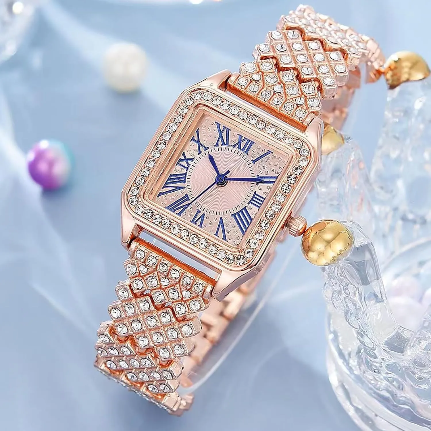 Inlay Cubic Zirconia Watch fa?ade tale robust mosaic Strap, Fashion Roman Text dial, Easy to Read Quartz Watch for Women Square Watch for Women, Stainless Steel 