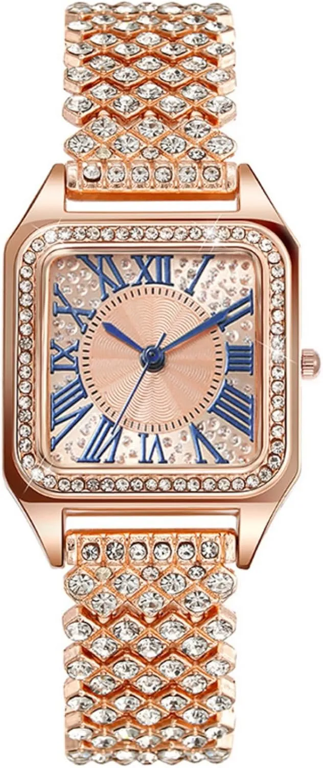 Inlay Cubic Zirconia Watch fa?ade tale robust mosaic Strap, Fashion Roman Text dial, Easy to Read Quartz Watch for Women Square Watch for Women, Stainless Steel 