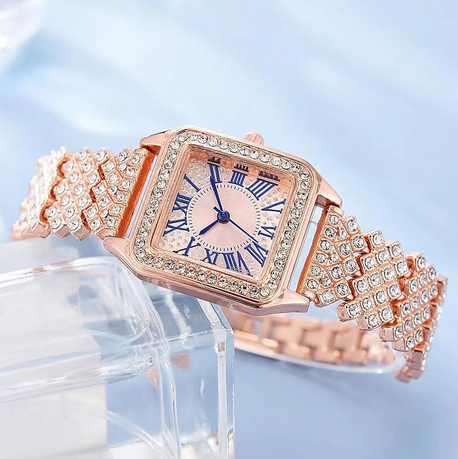 Inlay Cubic Zirconia Watch fa?ade tale robust mosaic Strap, Fashion Roman Text dial, Easy to Read Quartz Watch for Women Square Watch for Women, Stainless Steel 