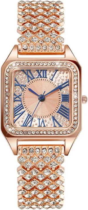 Inlay Cubic Zirconia Watch fa?ade tale robust mosaic Strap, Fashion Roman Text dial, Easy to Read Quartz Watch for Women Square Watch for Women, Stainless Steel 