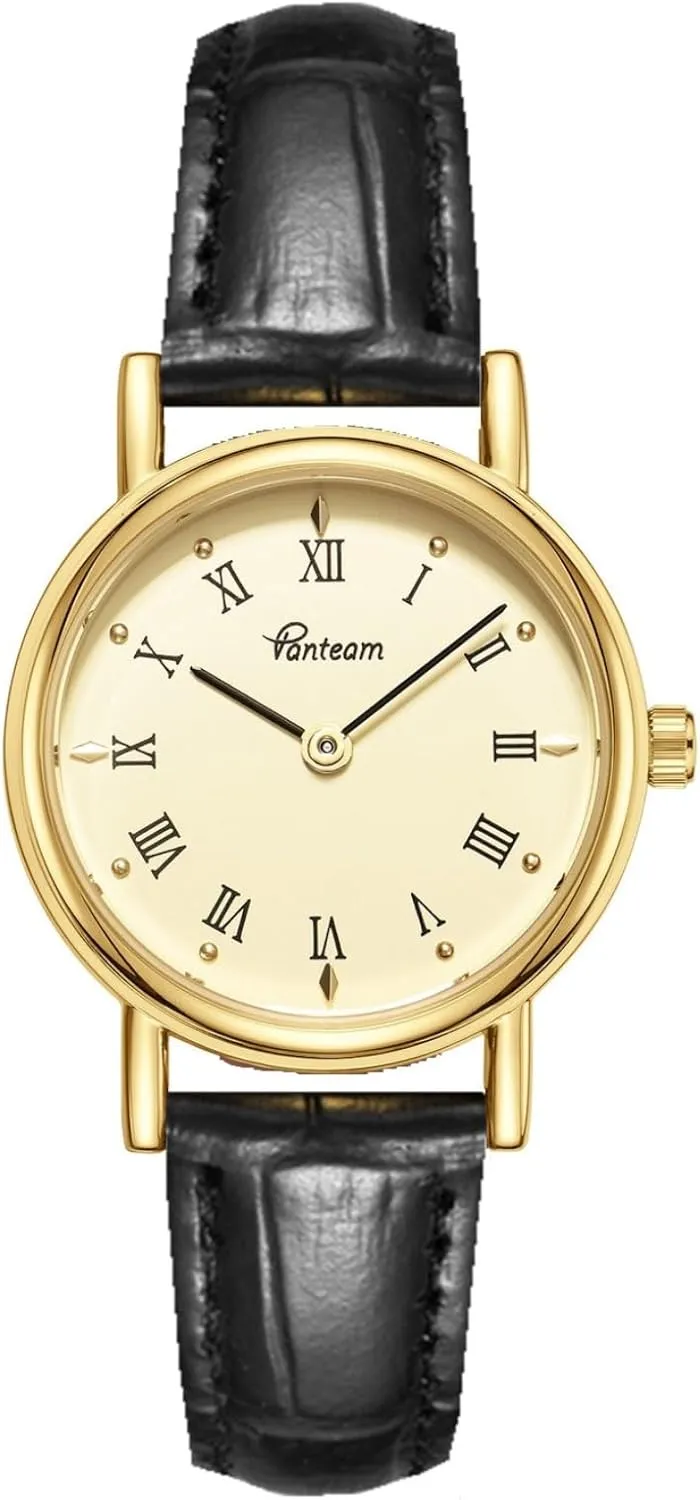 Japan Quartz, Waterproof Vintage Watches for Women, Gold-Tone Small Dainty Case, Black fallacy cylindrical anthocyanin inaccurate Leather Band, Roman Numeral Dial, 