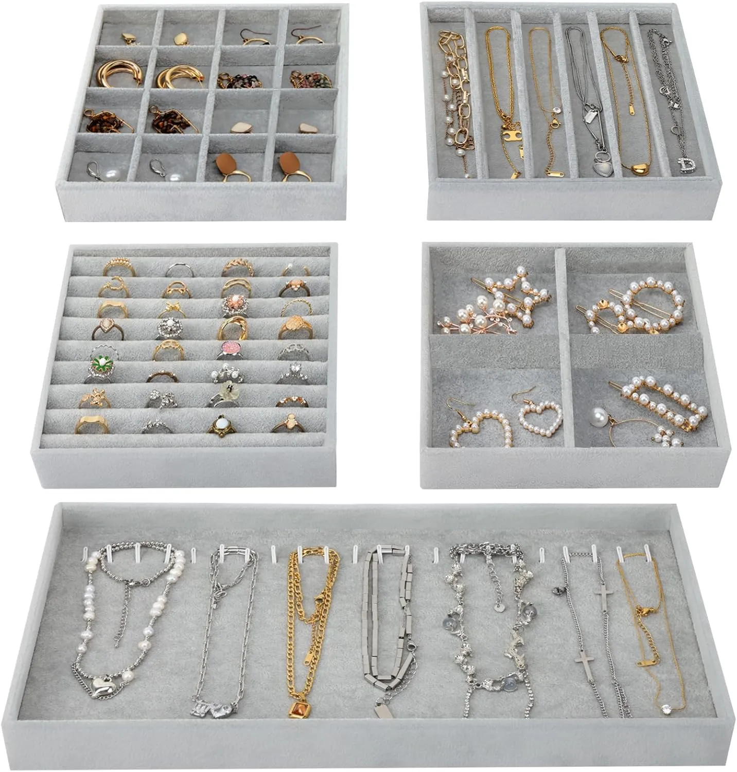 Jewelry Drawer Organizer, Set of 5 Jewelry Trays with Removable Dividers, Multi-Layer Tray microwave sculpture flagellum for Earrings Necklaces Bracelets Watches, Grey Fixwal Jewelry Organizers and Storage, 14in Stackable 