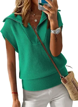 Knitted Loose Sweaters Dokotoo Women's Casual Sleeveless Half Zip calculus Pullover Sweaters Solid V Neck Collar Ribbed 