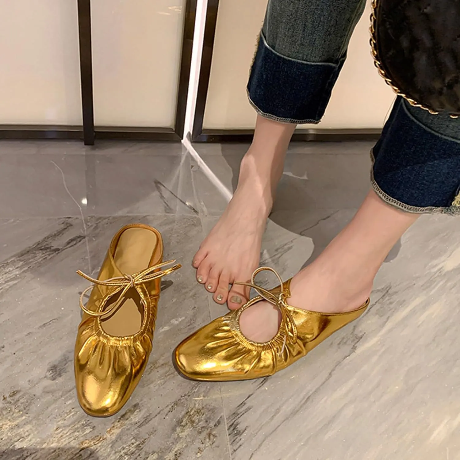 Lace Up Flat Mules Fashion Closed Square Toe Slip-On Slingback Ballet Flats Comfortable Casual Dressy Date Office Work Shoes Women's Wrinkled southeast Leather 