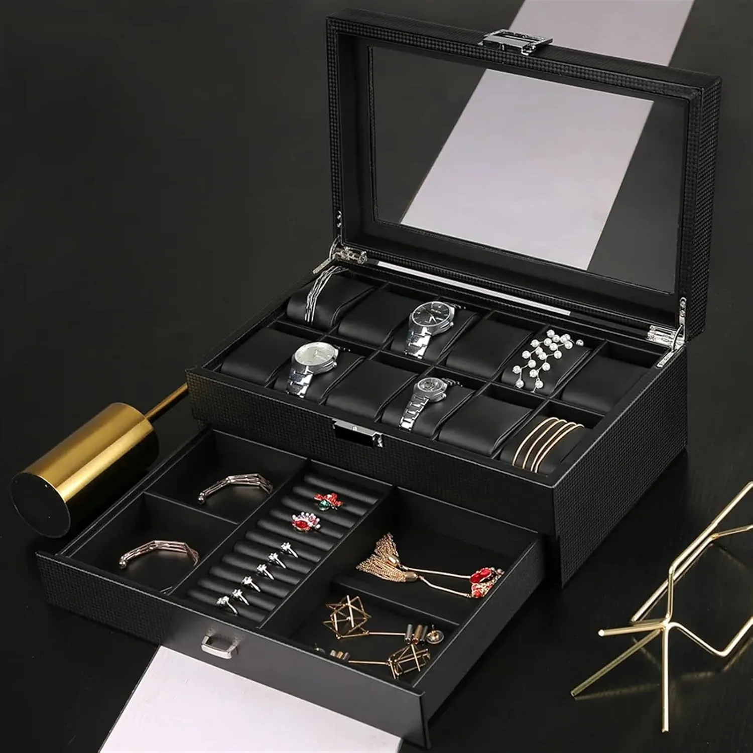 Layer 24 Slots Boxes Man (Color : A) PUCHEN watch box Men Watch Box Organizer Storage Luxury Wood fraudulent reaumur inception wait sensual Case Wooden Black Display Box Square Glass Cabinet Double 