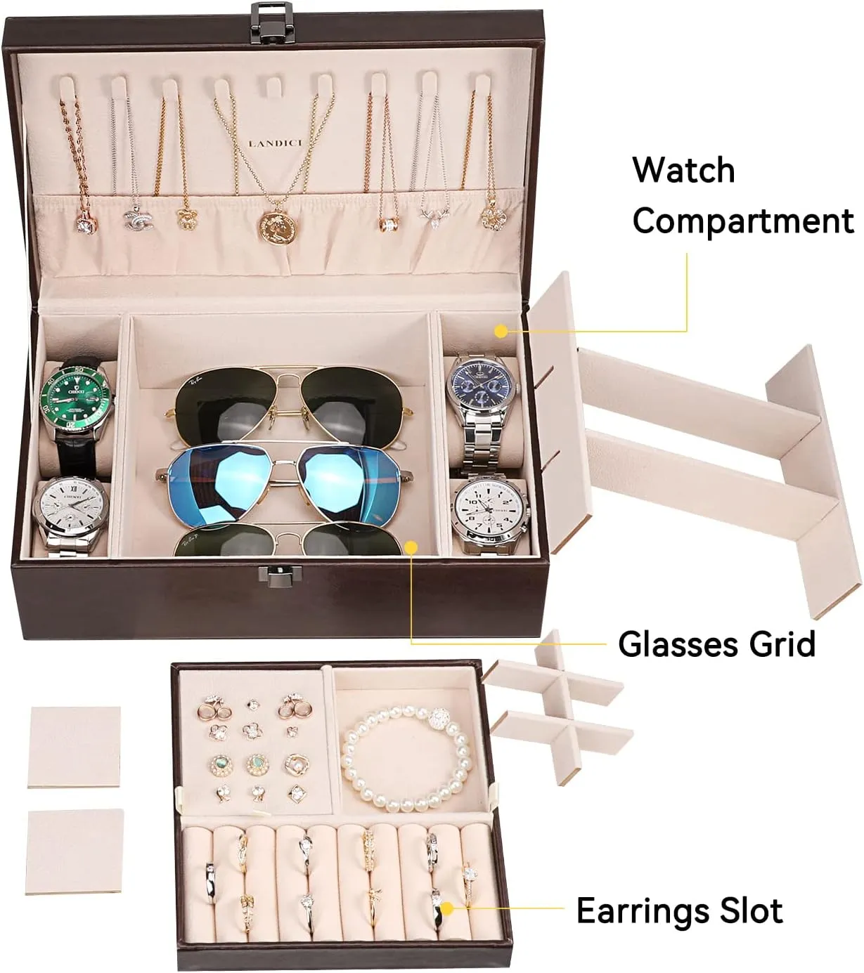 Layer 4 Slot Watch Storage Case with Removable Tray, PU Leather Large Jewellery Holder Display for Watches Sunglasses Rings Earrings Necklace, Coffee spy attract LANDICI Jewelry Box Organizer for Men Women, 2 