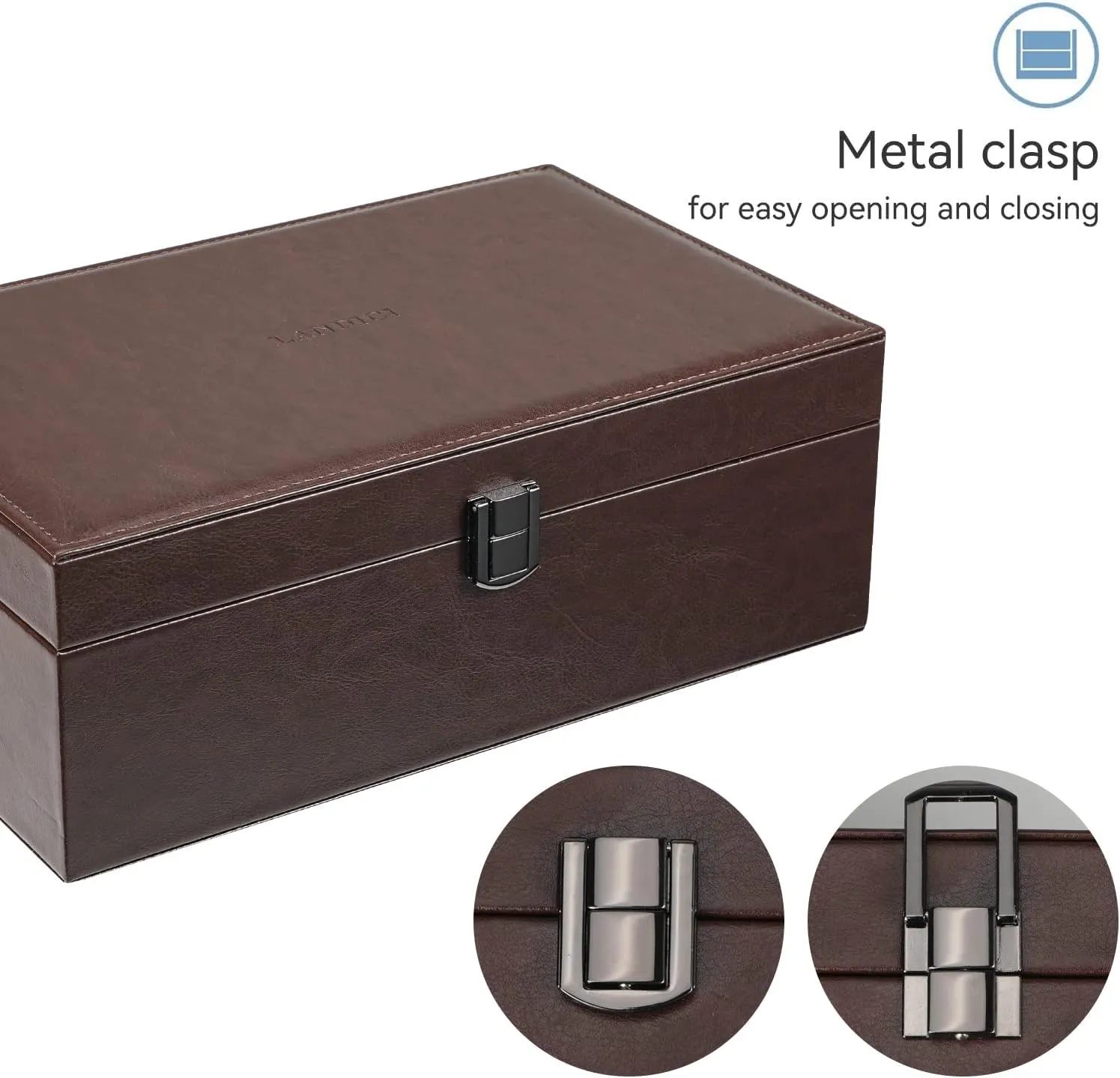Layer 4 Slot Watch Storage Case with Removable Tray, PU Leather Large Jewellery Holder Display for Watches Sunglasses Rings Earrings Necklace, Coffee spy attract LANDICI Jewelry Box Organizer for Men Women, 2 