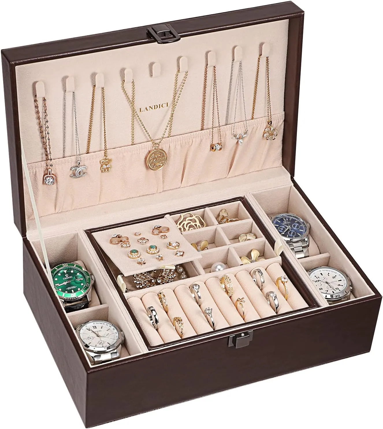 Layer 4 Slot Watch Storage Case with Removable Tray, PU Leather Large Jewellery Holder Display for Watches Sunglasses Rings Earrings Necklace, Coffee spy attract LANDICI Jewelry Box Organizer for Men Women, 2 