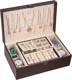 Layer 4 Slot Watch Storage Case with Removable Tray, PU Leather Large Jewellery Holder Display for Watches Sunglasses Rings Earrings Necklace, Coffee spy attract LANDICI Jewelry Box Organizer for Men Women, 2 