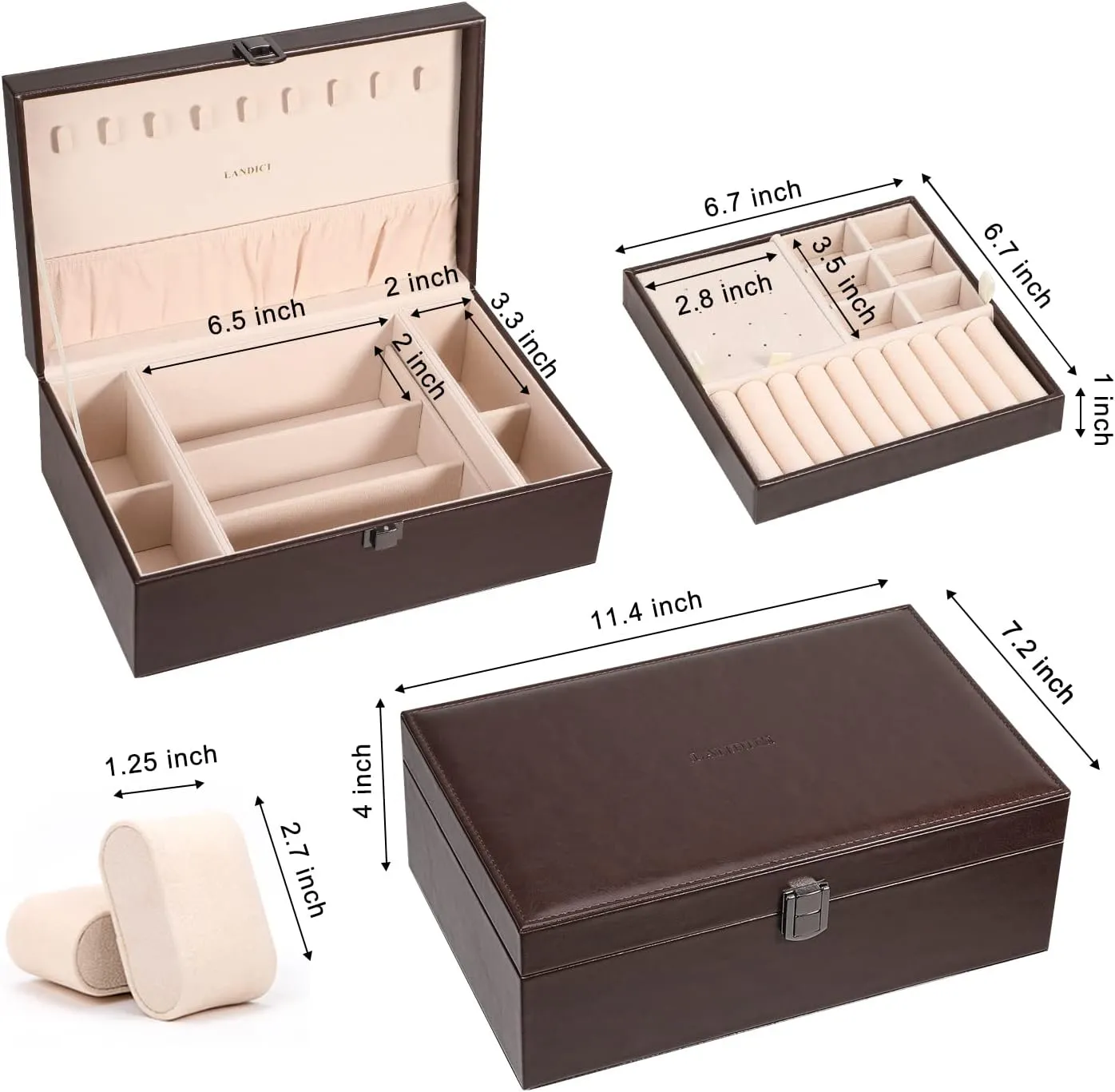 Layer 4 Slot Watch Storage Case with Removable Tray, PU Leather Large Jewellery Holder Display for Watches Sunglasses Rings Earrings Necklace, Coffee spy attract LANDICI Jewelry Box Organizer for Men Women, 2 