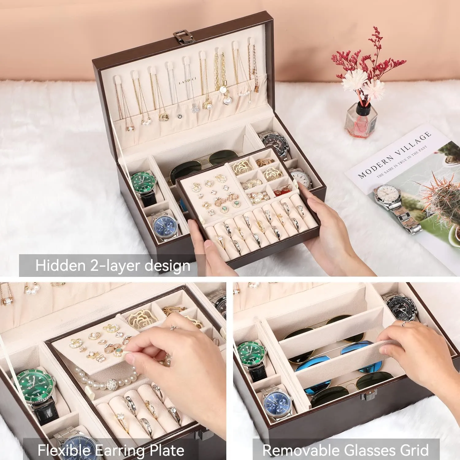 Layer 4 Slot Watch Storage Case with Removable Tray, PU Leather Large Jewellery Holder Display for Watches Sunglasses Rings Earrings Necklace, Coffee spy attract LANDICI Jewelry Box Organizer for Men Women, 2 