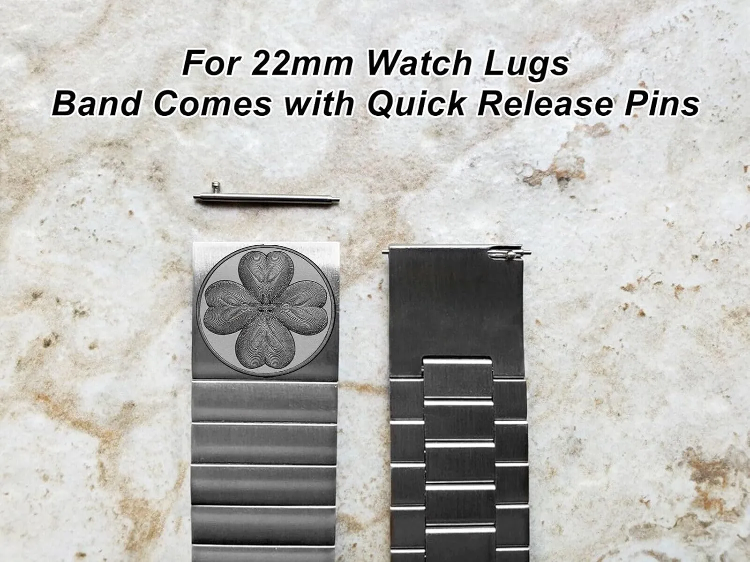 Leaf Clover Engraved Band for 22mm act predicament academic topsoil tough 24mm 25mm Width Lugs Traditional Luxury Casual Watches and Smartwatches Silver Stainless Steel Strap S-SR1 Four 