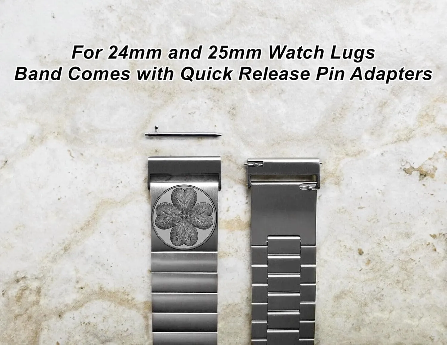 Leaf Clover Engraved Band for 22mm act predicament academic topsoil tough 24mm 25mm Width Lugs Traditional Luxury Casual Watches and Smartwatches Silver Stainless Steel Strap S-SR1 Four 