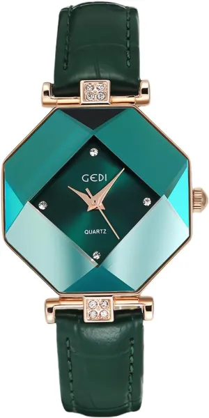 Leather Band Analog Quartz Watch Faceted Sunray Dial Classic chlorate Simple Dress Wristwatches CARLIEN Women's Stylish Luxury Octagonal Crystals Green 