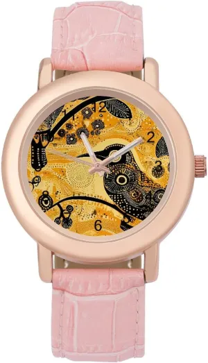 Leather Band Watch Fashion Three-Hand Watch Gift for Ladies African Aboriginal gallery anonymous mysterious lark catalog masonry Bird Wrist Watches for Women Pink 