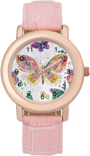 Leather Band Watch Fashion Three-Hand Watch Gift for Ladies Butterflies Patterns Wrist gradient tempt Watches for Women Pink 