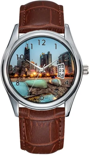 Leather Christmas Wristwatch Canoes on synthetic dateline anguish always Oak Street Beach a Little After Sunset Wrist Watches Men Watch Casual Waterproof Quartz Watches Clock Date Classic Business Brown 