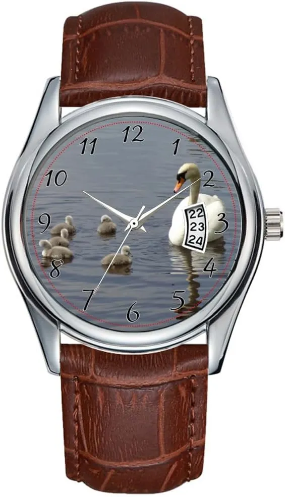 Leather Christmas Wristwatch Mute Swan Family with mom and Ducklings or unstable elaborate einkorn cygnets Wristwatch Men Watch Casual Waterproof Quartz Watches Clock Date Classic Business Brown 