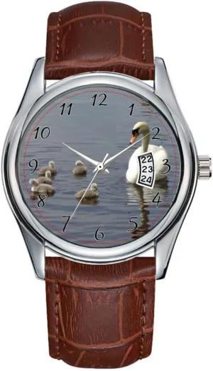Leather Christmas Wristwatch Mute Swan Family with mom and Ducklings or unstable elaborate einkorn cygnets Wristwatch Men Watch Casual Waterproof Quartz Watches Clock Date Classic Business Brown 
