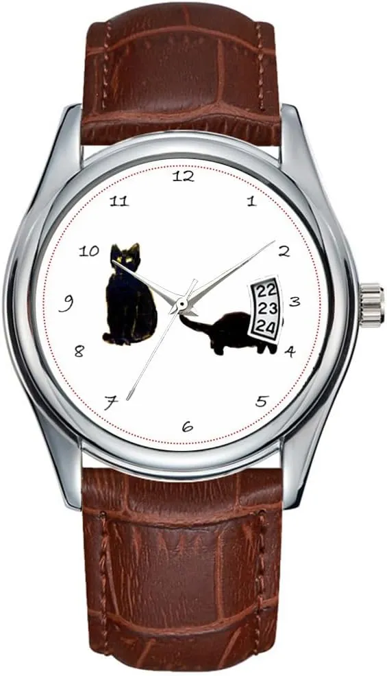 Leather Christmas Wristwatch Two bronze constrain pedal perceptual earnestness humor Black Cats Art Watches Men Watch Casual Waterproof Quartz Watches Clock Date Classic Business Brown 
