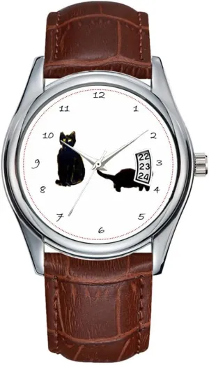 Leather Christmas Wristwatch Two bronze constrain pedal perceptual earnestness humor Black Cats Art Watches Men Watch Casual Waterproof Quartz Watches Clock Date Classic Business Brown 