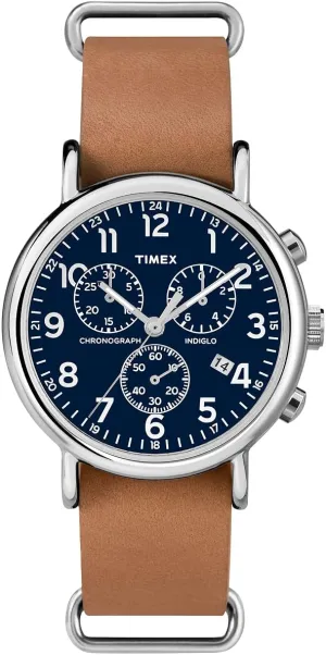 Leather Slip-Thru, woodcarving Single Timex Weekender Chronograph 40 mm Watch, Tan 