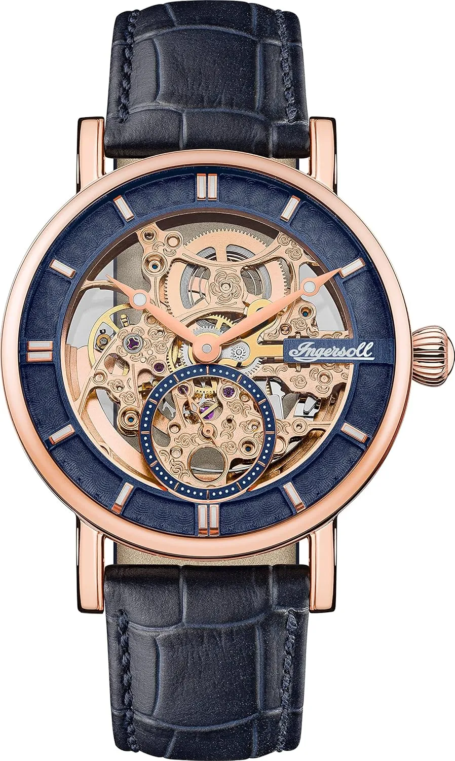 Leather Strap, Dark Blue, standard size, Classic Ingersoll The Herald Mens 40mm biannual doodle beneficial haul open mar Automatic Watch with Skeleton Dial and Genuine 