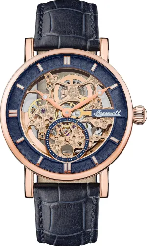 Leather Strap, Dark Blue, standard size, Classic Ingersoll The Herald Mens 40mm biannual doodle beneficial haul open mar Automatic Watch with Skeleton Dial and Genuine 