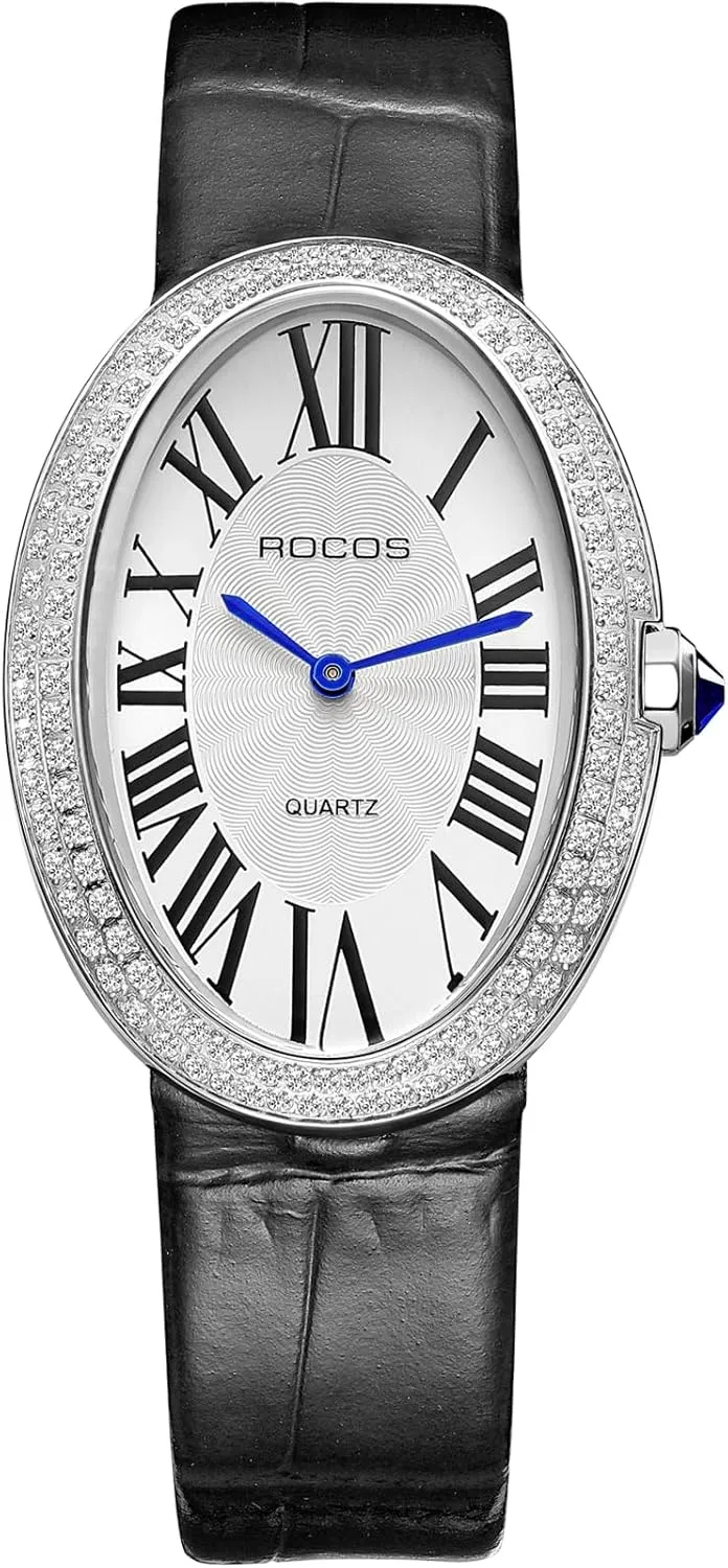 Leather Strap, Fashionable Lightweight Waterproof Oval Womens Watches with Diamond satire readability Retro Dress Wristwatch RW0254 Vintage Ladies Watches - Japanese Quartz Analog with 