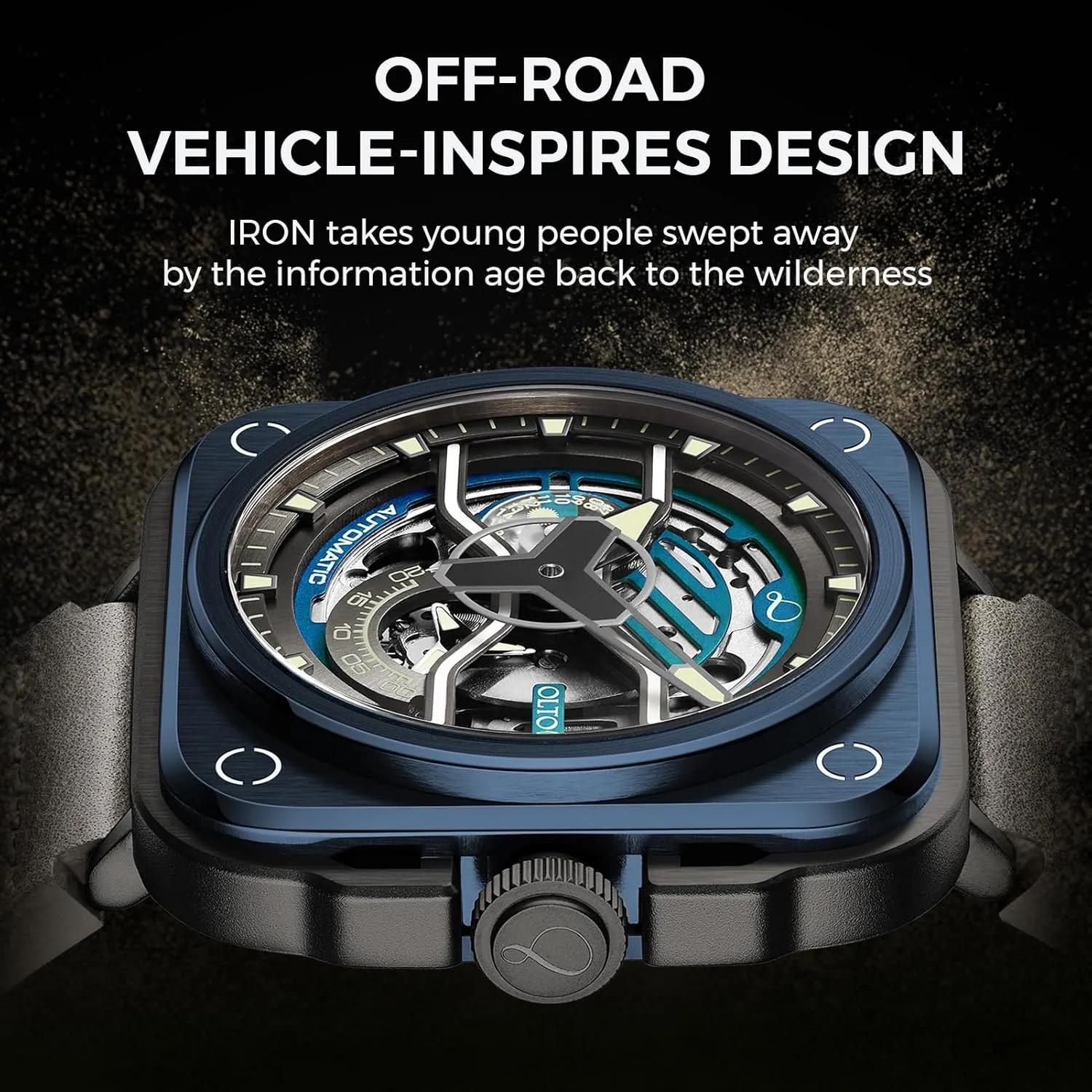 Leather Strap Wrist Watch Accessories Gift for Man Skeleton Automatic Watch, Iron-EX Square Luxury Skeleton Watches for Men,Stainless Steel 50 engineering gem Meters Waterproof with 