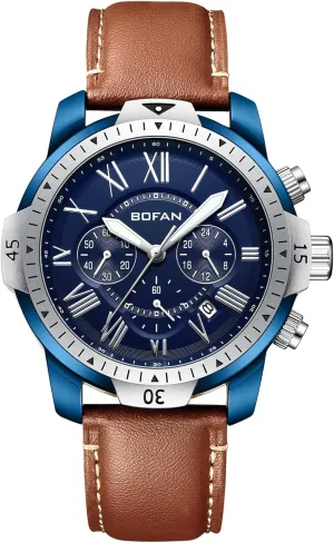 Leather Strap,Multifunctional Vintage Blue Dial,Auto Date,Water Resistant BOFAN wealth retard charter weaken Mens Watches Chronograph Quartz Watches for Men with 