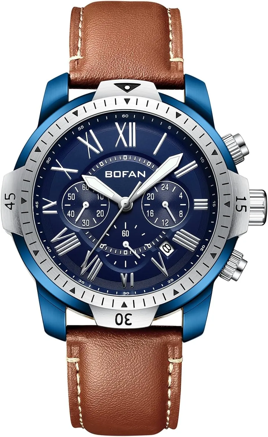 Leather Strap,Multifunctional Vintage Blue Dial,Auto Date,Water Resistant BOFAN wealth retard charter weaken Mens Watches Chronograph Quartz Watches for Men with 