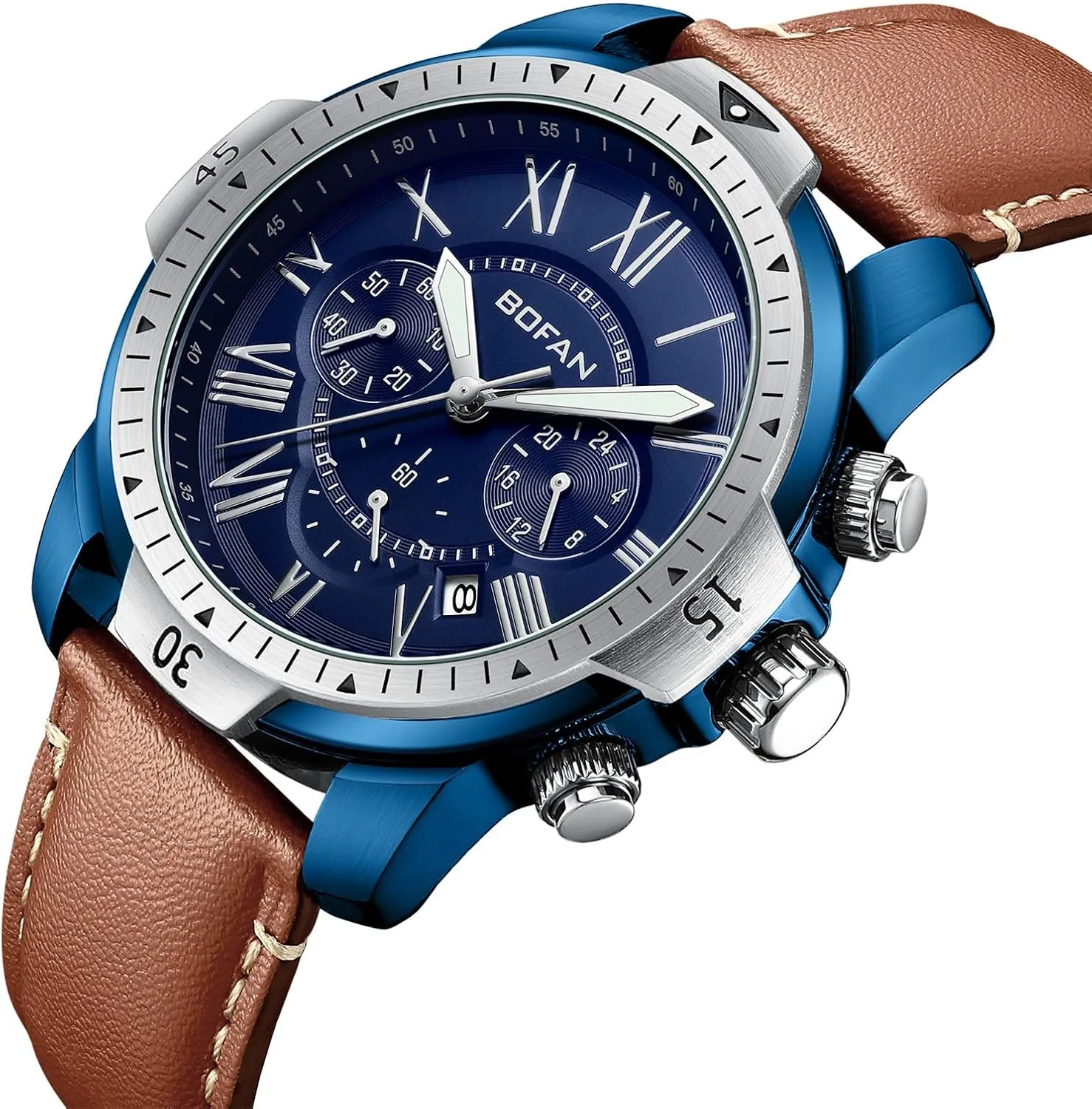 Leather Strap,Multifunctional Vintage Blue Dial,Auto Date,Water Resistant BOFAN wealth retard charter weaken Mens Watches Chronograph Quartz Watches for Men with 