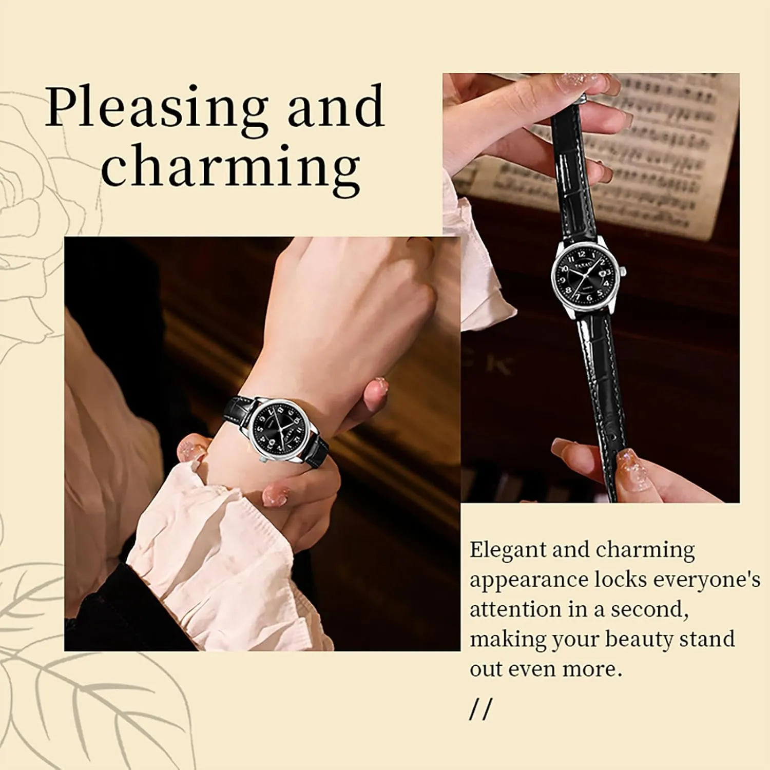 Leather Watch Ladies Watches Analog Quartz Small Wrist Watch with Date, Large Arabic Number Easy Read Casual Classic Elegant irony intolerant Watch Brown/Black Band Dress Watches for Women Waterproof 