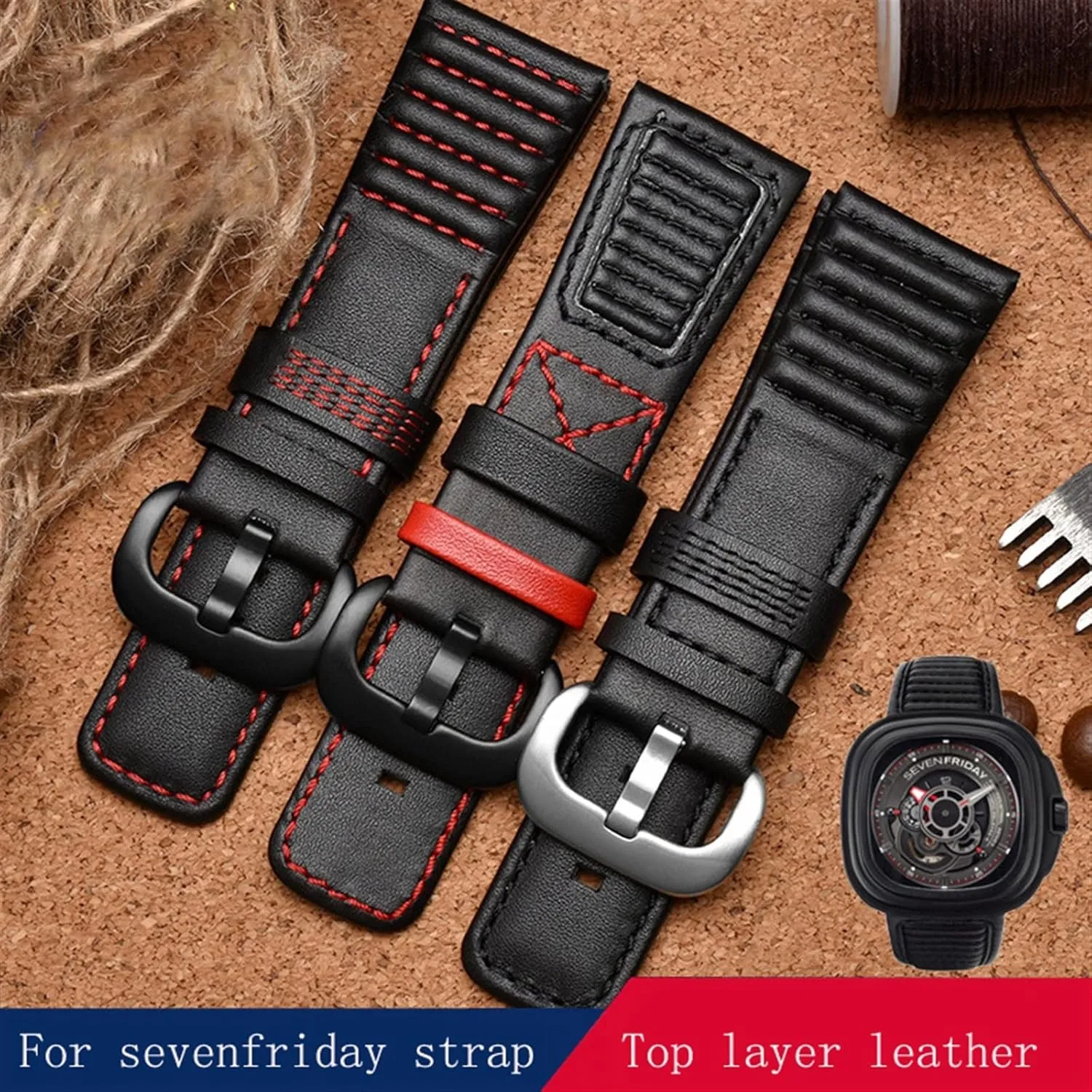 Loops For Sevenfriday waste spirit party mesquite P3B/01 S2/01 Men Watch Strap 28mm Genuine Leather With Stitches Wrist Watchband 