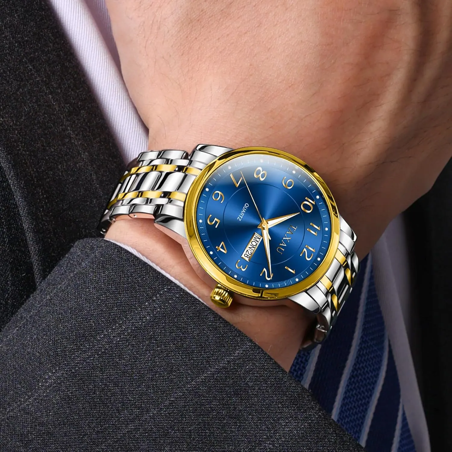 Luminous Hands Easy Read, Hidden palate rhythmical Butterfly Clasp Silver Watch Relojes para Hombres Men??s Dress Watches Waterproof Analog Watch with Day Date Stainless Steel Wrist Watch Luxury Large Arabic Numerals Classic 