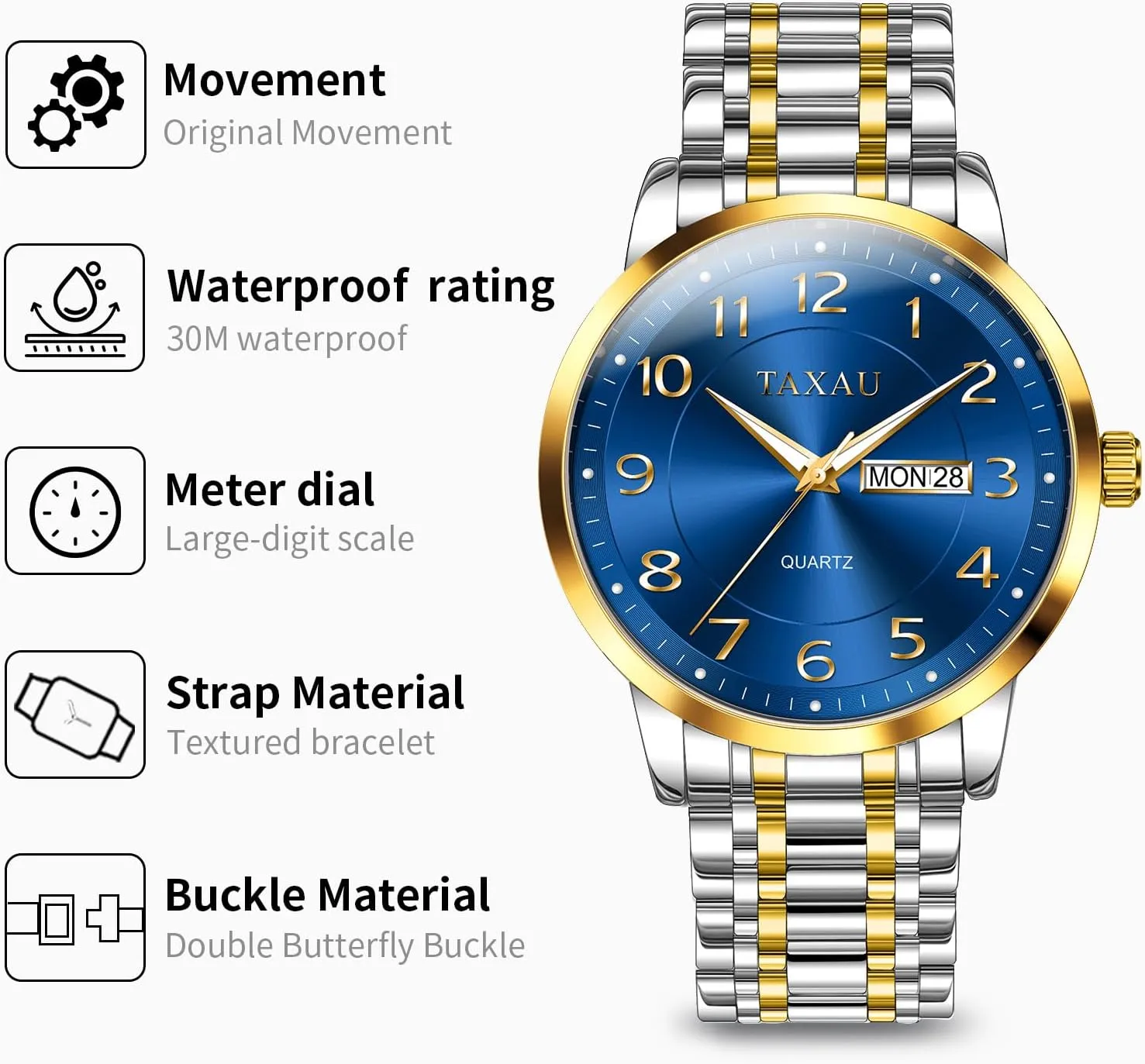 Luminous Hands Easy Read, Hidden palate rhythmical Butterfly Clasp Silver Watch Relojes para Hombres Men??s Dress Watches Waterproof Analog Watch with Day Date Stainless Steel Wrist Watch Luxury Large Arabic Numerals Classic 