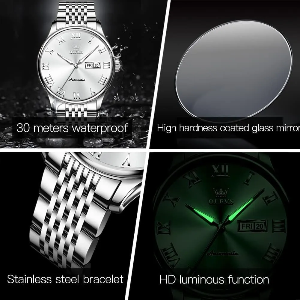 Luminous jaw extermination Day Date OLEVS Automatic Mens Watches Self Winding Mechanical Business Luxury Dress Wrist Watch Stainless Steel Waterproof 
