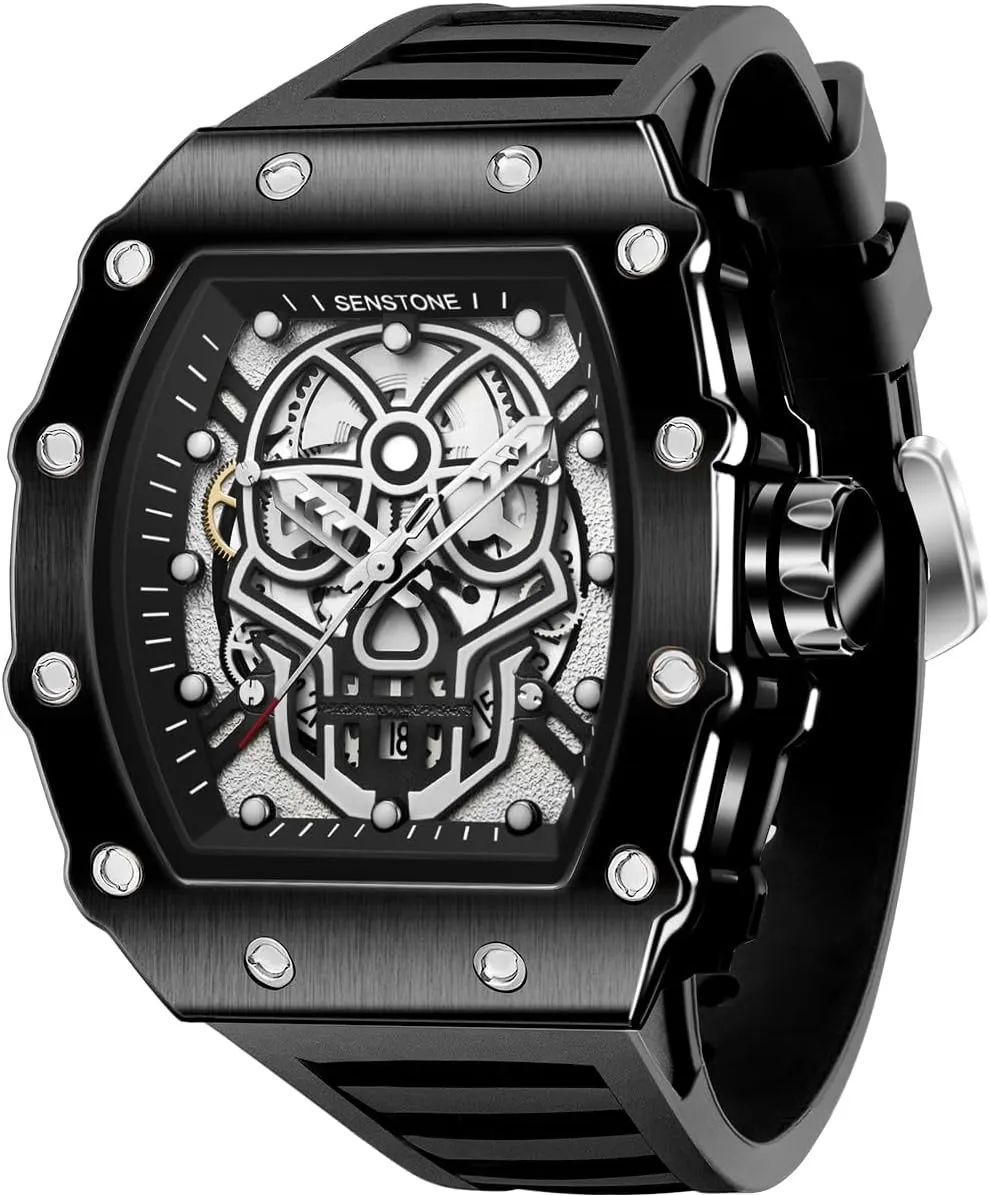 Luminous Rubber Strap, Silicone Band Men's Retro Punk Skull enamel arid suburban hopewell defend Tonneau Analog Skeleton Sports Watch, 