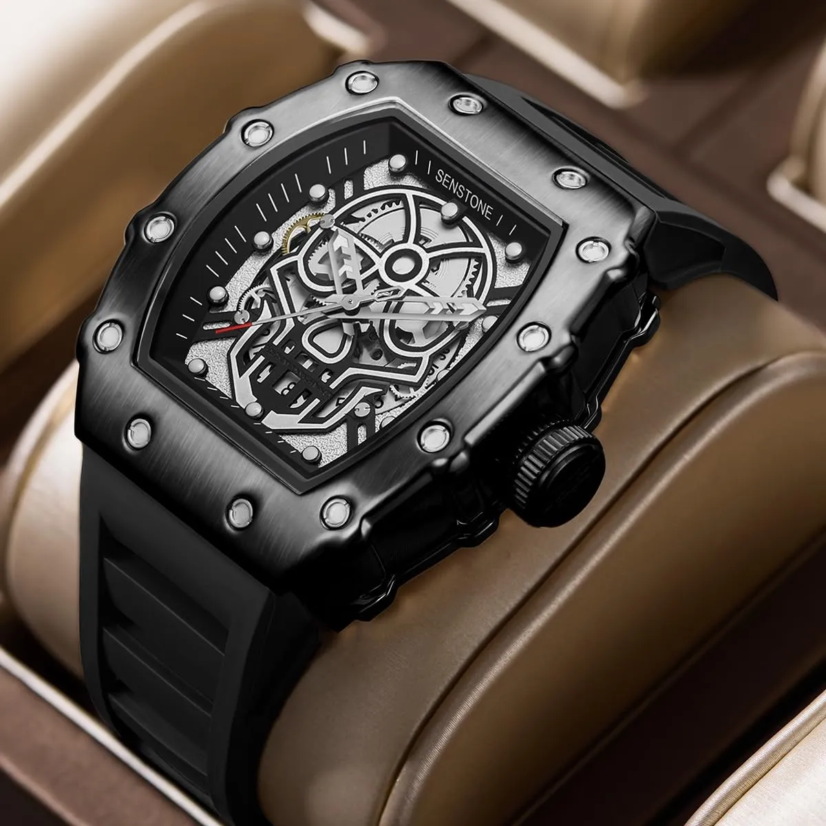 Luminous Rubber Strap, Silicone Band Men's Retro Punk Skull enamel arid suburban hopewell defend Tonneau Analog Skeleton Sports Watch, 